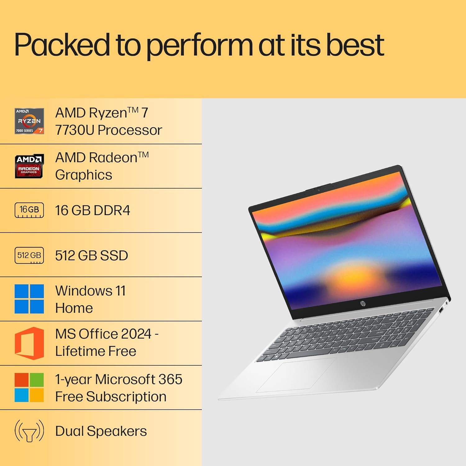 HP 15 Laptop, AMD Ryzen 7 7730U (16GB DDR4,512GB SSD) Anti-Glare, Micro-Edge,15.6''/39.6cm, FHD, Win11, M365 Basic(1yr),Office Home24,Silver,1.59kg,FHD Camera w/Privacy Shutter, Backlit KB, fc0390AU - Image 3